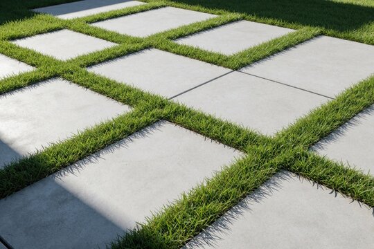 Modern landscape design features grey concrete slabs with green grass strips. Square stone tiles form geometric pattern in garden path. Minimalist outdoor pavement creates clean texture for yard