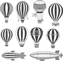 Vintage hot air balloons and zeppelin blimps collection, retro sketch vector icon set on white © Md0mar
