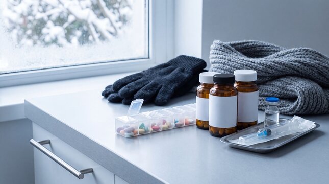 Winter Medicines and Healthcare Supplies on a Clinic Counter
