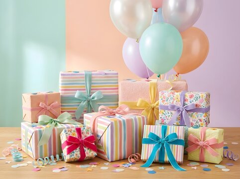 Assorted colorful gift boxes wrapped in striped and floral paper with ribbons and bows, surrounded by party balloons and confetti on a wooden table, festive celebration concept