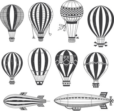 Vintage hot air balloons and zeppelin blimps collection, retro sketch vector icon set on white