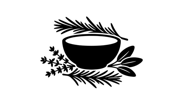 Black silhouette vector illustration of a ceramic bowl surrounded by sprigs of fresh aromatic garden herbs including rosemary, thyme, and sage leaves isolated on a white background.
