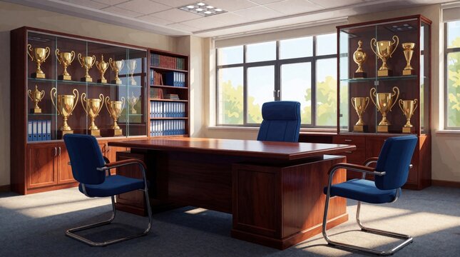 Empty school principal office with large wooden desk, blue chairs. Modern headmaster room features bookshelves, glass display cases with gold trophies, large window. Pro workspace for teacher