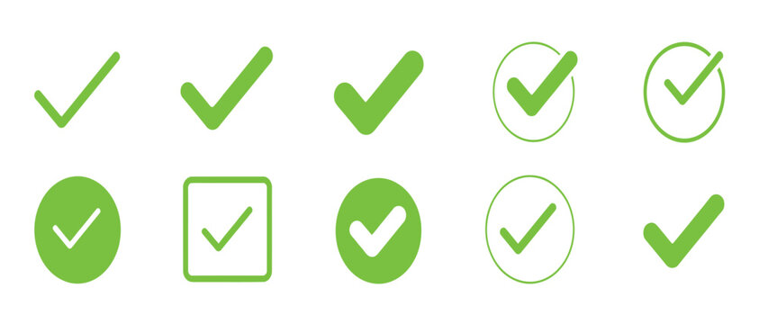 Green check mark icon set with different shapes for approval status and website interface confirmation.