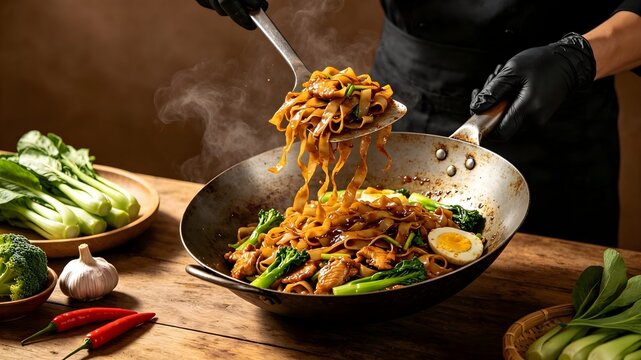 Pad See Ew: Stir-Fried Rice Noodles with Chicken and Chinese Broccoli in Wok, Thai Street Food  