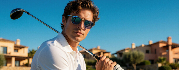 Obraz premium Handsome young caucasian man in white polo shirt, sunglasses holds golf club. Confident male golfer poses on green course under blue sky. Luxury resort villas in background during sunny summer day.