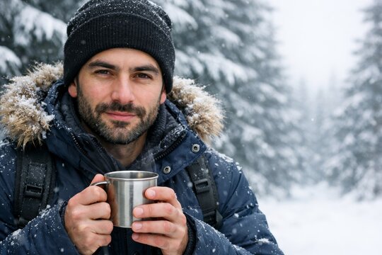 Bearded man holding a metal mug in a snowy forest background for winter outdoor travel banner and cold weather adventure