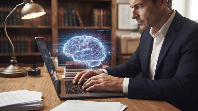 A businessman in a suit working on a laptop with a glowing 3D human brain hologram floating above the keyboard in a library office