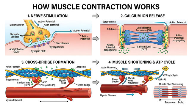 Anatomical diagram detailing the mechanism of human muscle contraction