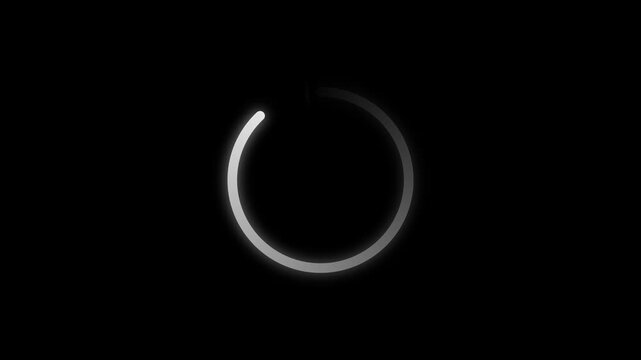 Animation of a loading spinning load wheel, White loading wheel oval graphic animation spinning on black background,  internet buffering or loading screen fake mock up of a display screen loading. 4k