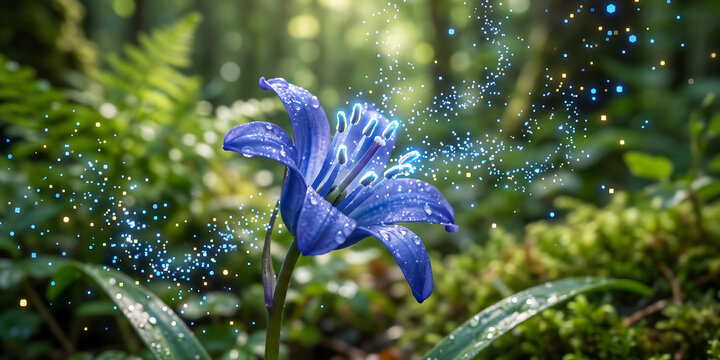 Vibrant bluebell flower with sparkling magical particles in enchanting lush green forest setting evokes fantasy and nature's wonder.