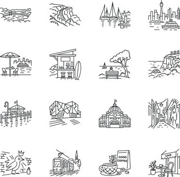 Sydney pools, cliff trails, marina scenes, cafes, landmarks, street culture, public transport shown through playful hand-drawn doodles 