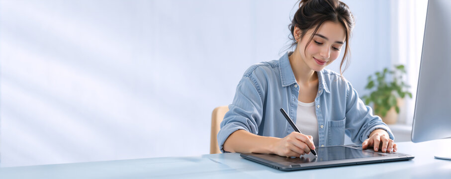 Young female graphic designer working on digital drawing tablet. Creative illustrator sketching at home office desk. Panoramic banner with copy space