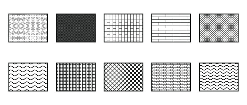 CAD Architectural Symbols and Hatch Pattern Collection Seamless Material Texture Set for Floor Plan Drafting Featuring Circles, Dots, Brick, Masonry, Wavy Lines, Grid and Crosshatch Patterns