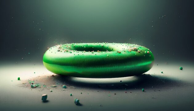 a green torus standing on a grey surface with a slightly dirty background and some dust particles around