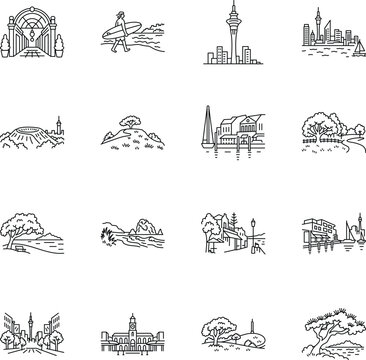 Auckland landmarks, harbour districts, volcanic scenery, beaches, parks, stations, village streets presented as clean hand-drawn doodles. 