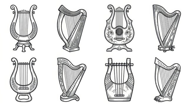 Vintage harps and lyres set, engraved musical instrument collection, black and white classical music illustrations, isolated vector design elements