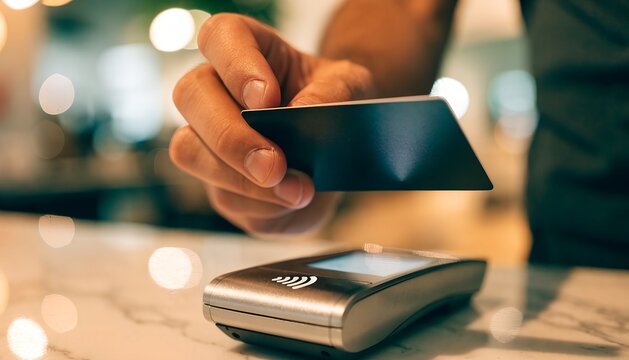 Contactless payment transaction with credit card and NFC terminal, modern financial checkout, secure shopping purchase