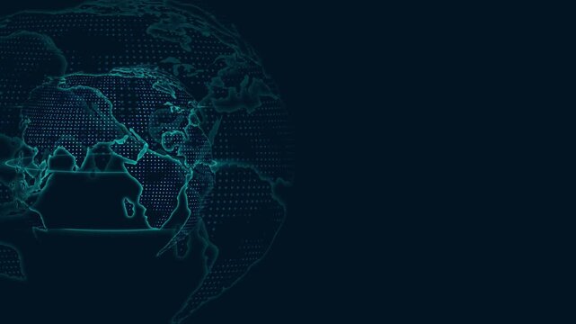 Digital globe animation illuminates international continents. Telecommunication network routing displays across digital globe animation. Worldwide data centers use globe.