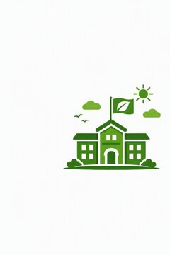 Green eco school building icon with leaf flag sun and clouds for sustainability poster banner or educational background design