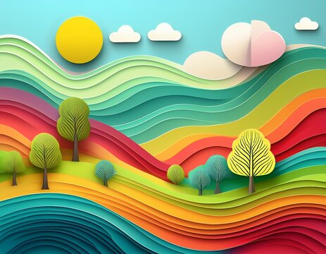 colorful paper landscape with tree and wavy hills design
