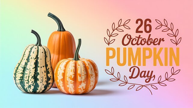 Three colorful pumpkins on a gradient background with 26 october pumpkin day text