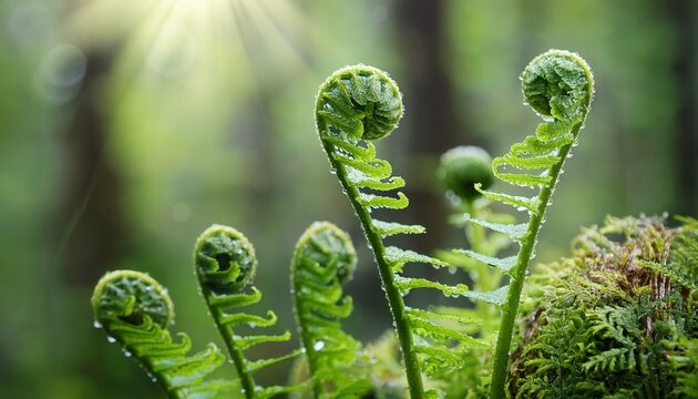 green fern fiddleheads with water droplets in forest
