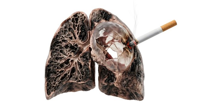 Realistic 3D Medical Render of Severe Smoker's Lung with Emphysema Bulla and Lit Cigarette Isolated on White Background