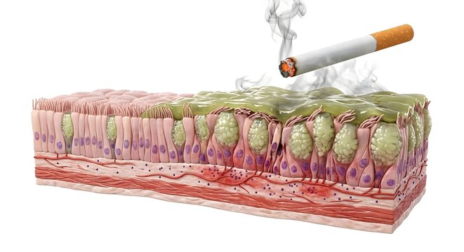 3D Medical Render of Smoking-Induced Goblet Cell Hyperplasia and Mucus Overproduction in Respiratory Epithelium