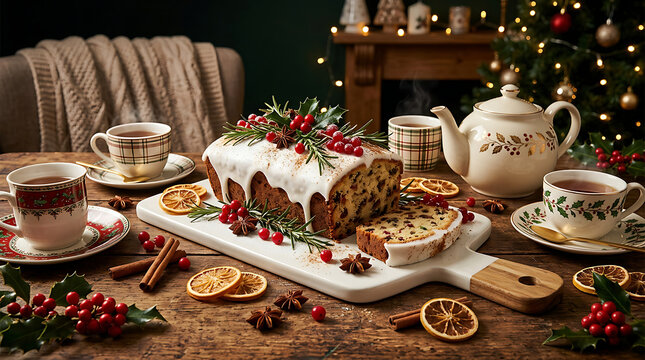 Cozy Christmas Tea Time Table Setting with Iced Fruit Loaf Cake