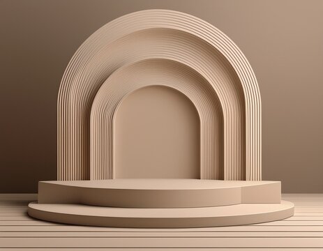 minimal beige multi layered arch podium background 3d render geometric step display stage