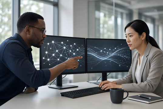 Colleagues Analyzing AI Network and Data Flow Graphs on Dual Monitors in Office Workspace