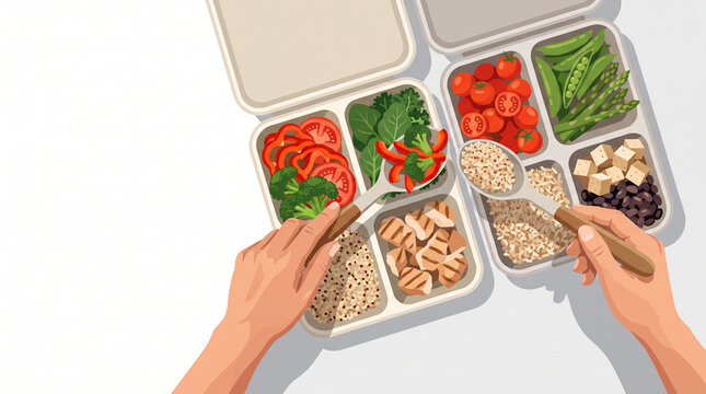 Healthy meal prep with vegetables and grains in divided containers  
