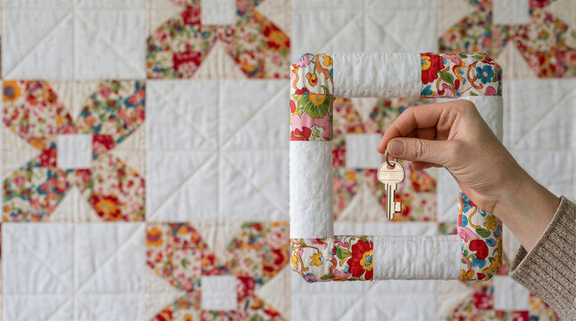 Quilting frame, hand holding a metal key against a patterned textile wall background indoors