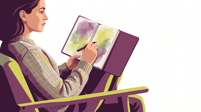 Woman sitting in chair and writing in journal with colored pages  
