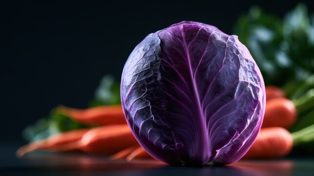 Vibrant purple cabbage showcased with fresh bright orange carrots in soft light against dark background emphasizing natural textures and colors of healthy veget