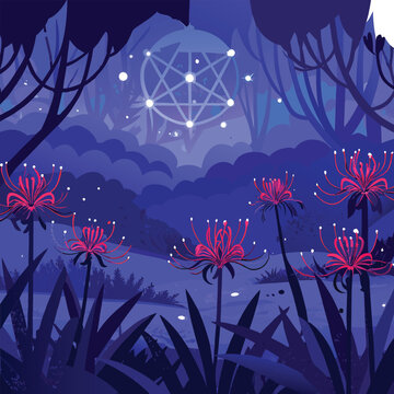 Mystical spider lily floral vector background, enchanting night forest landscape illustration, glowing red lycoris radiata flowers under geometric moon