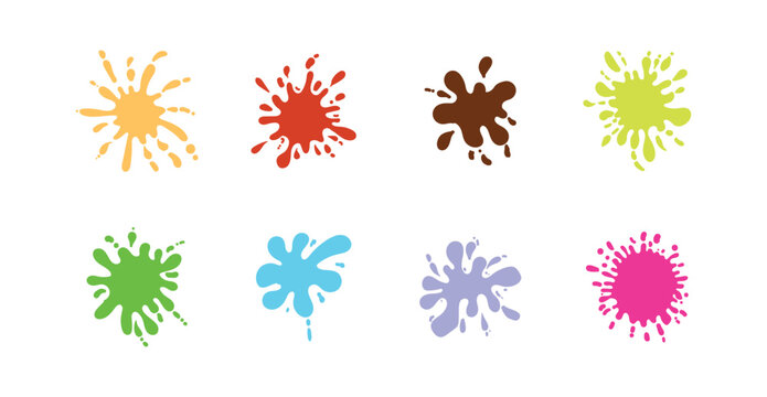Collection of vibrant colorful paint splatter, ink splash, and artistic brush elements in various shapes and colors. Suitable for modern art banners, graffiti, posters, comic book backgrounds. 
