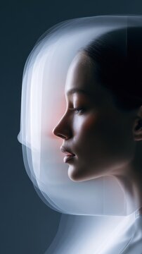 Profile portrait of a young woman with serene expression captured through layered translucent motion blur effect on dark background revealing calmness and intro