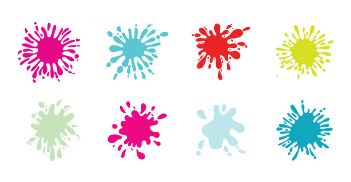 Collection of vibrant colorful paint splatter, ink splash, and artistic brush elements in various shapes and colors. Suitable for modern art banners, graffiti, posters, comic book backgrounds. 