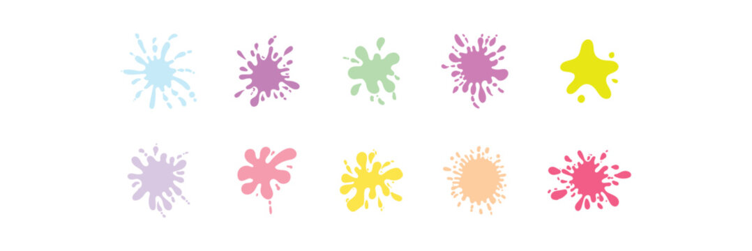 Collection of vibrant colorful paint splatter, ink splash, and artistic brush elements in various shapes and colors. Suitable for modern art banners, graffiti, posters, comic book backgrounds. 