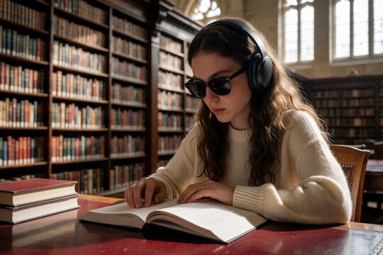 Young blind woman wears dark sunglasses, headphones reading braille book in library. Visually impaired student studies tactile text at desk in university. Female learner uses touch, audio for