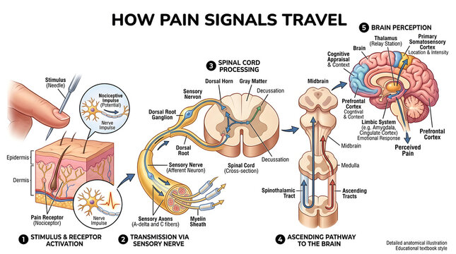 Medical educational infographic illustrating how pain signals travel