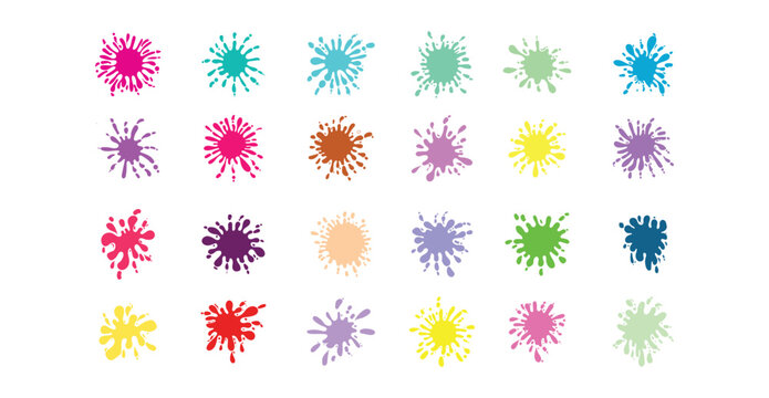 Ink Splash icon Set, Colorful Paint Splatter vector elements. Includes abstract splashes, droplets, spots, speckles, and artistic brush marks. Useful for grunge backgrounds, and graphic design project