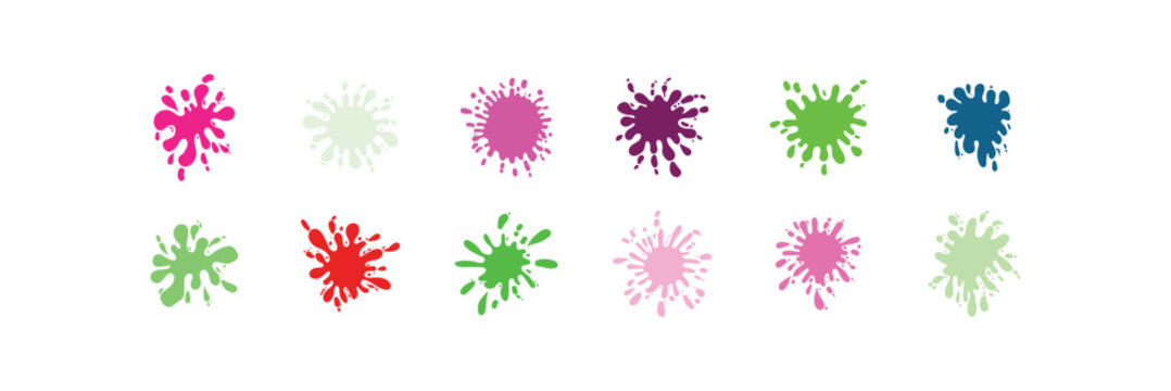 Ink Splash icon Set, Colorful Paint Splatter vector elements. Includes abstract splashes, droplets, spots, speckles, and artistic brush marks. Useful for grunge backgrounds, and graphic design project