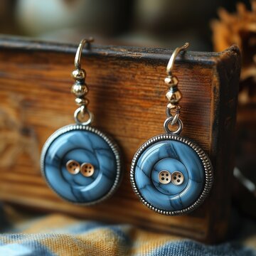 Vintage handmade dangle earrings with blue marble round elements and metal buttons, handmade jewelry close-up