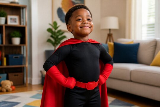 Young boy posing as superhero in bright family living room