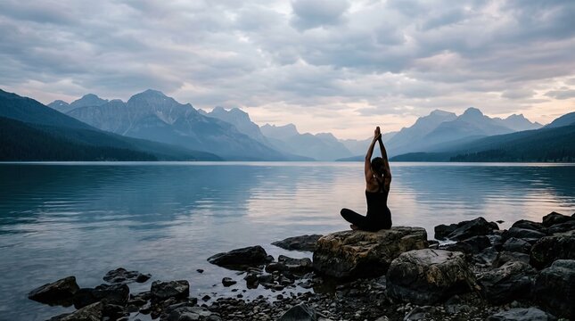 Woman practicing yoga on a rocky shore with mountains and a calm lake in the background