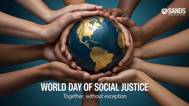 World day of social justice with diverse hands supporting a globe