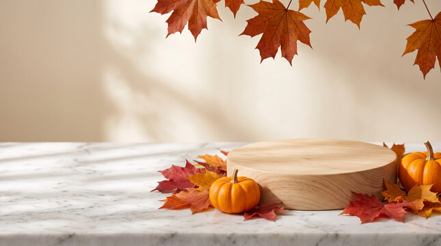 Wooden podium with pumpkins and autumn leaves, showcasing seasonal decor, perfect for fall promotions and harvest themes.